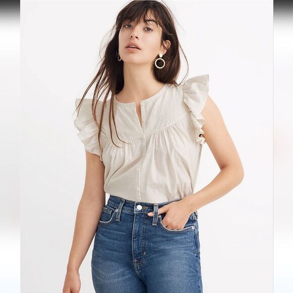 Madewell Petite Ruffle-Sleeve Bib Top in Metallic Stripe Size S - Picture 1 of 9